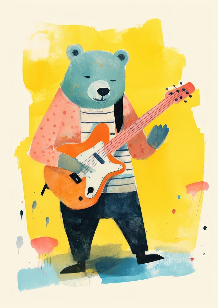 Risograph printing illustration minimal of a cute bear playing guitar animal art representation.
