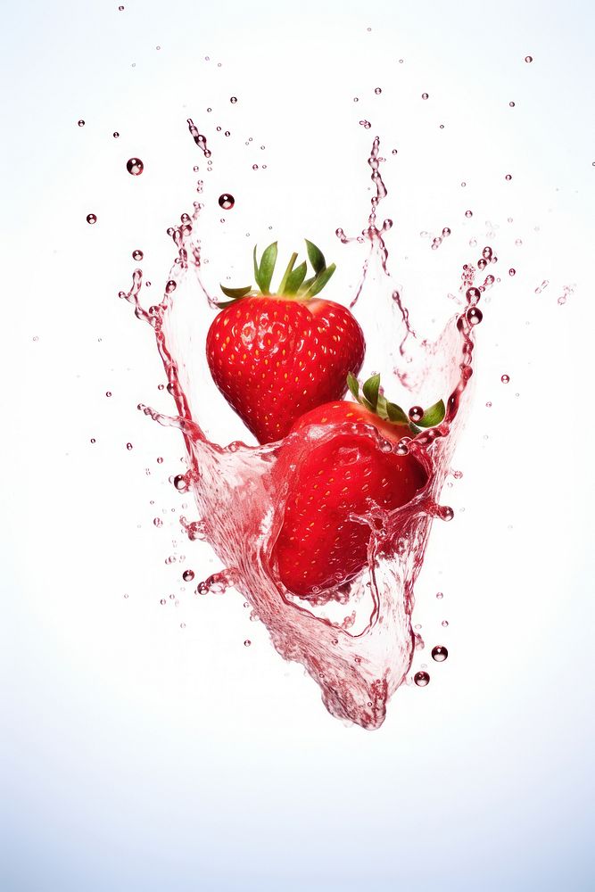 Strawberry floating with splash falling fruit plant.