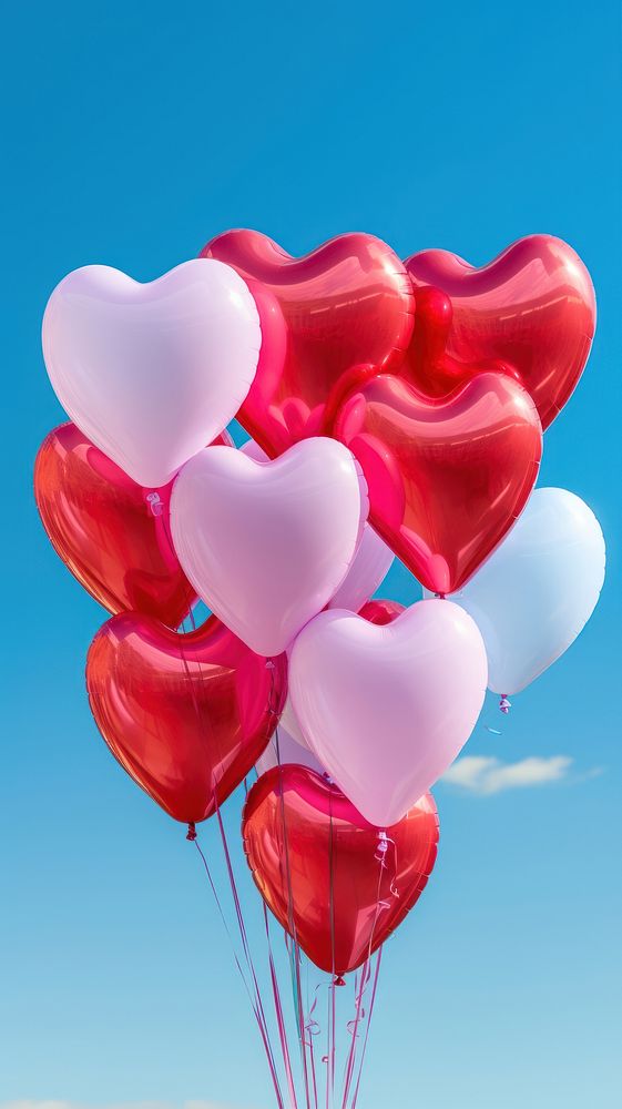  Heart-shaped arrangement of red and pink balloons against a backdrop of clear blue sky day vibrant color celebration. AI…
