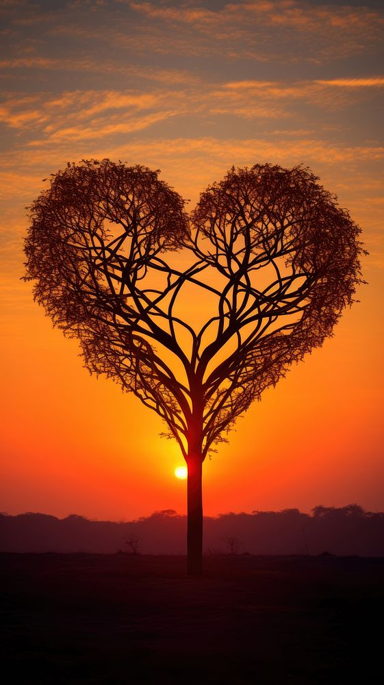  Heart-shaped tree silhouette formed nature outdoors sunset. AI generated Image by rawpixel.