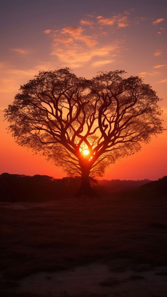  Heart-shaped tree silhouette formed nature sunset landscape. AI generated Image by rawpixel.