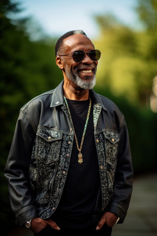 A black male elder with cool pose portrait sunglasses necklace. AI generated Image by rawpixel.