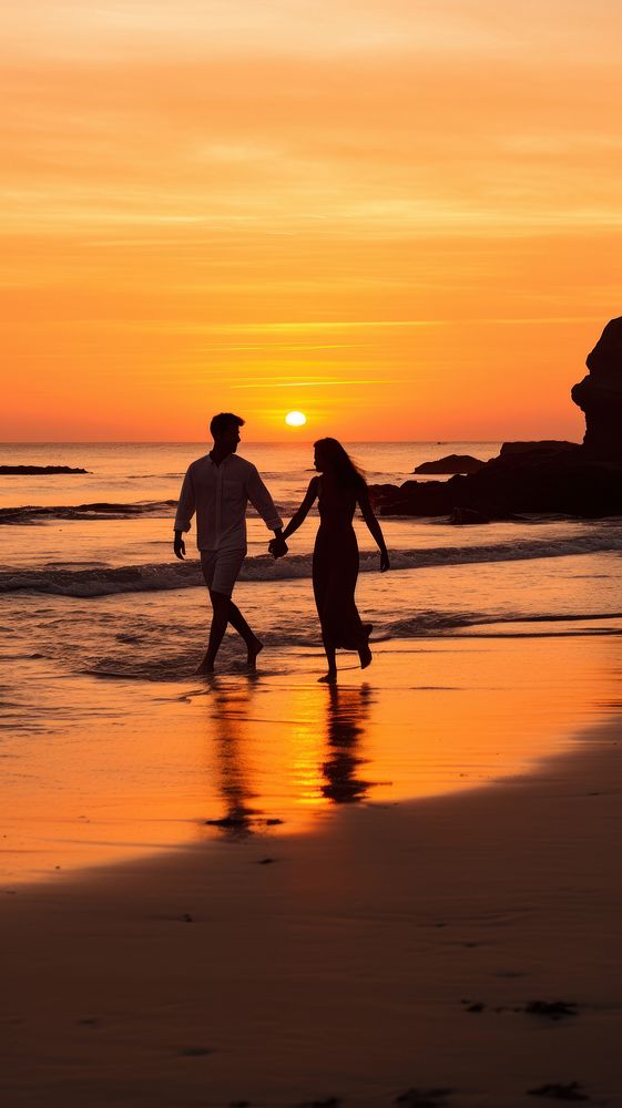  Playful moment captured as a couple holds hands and skips joyfully along a serene beach at sunset adult day man. AI…