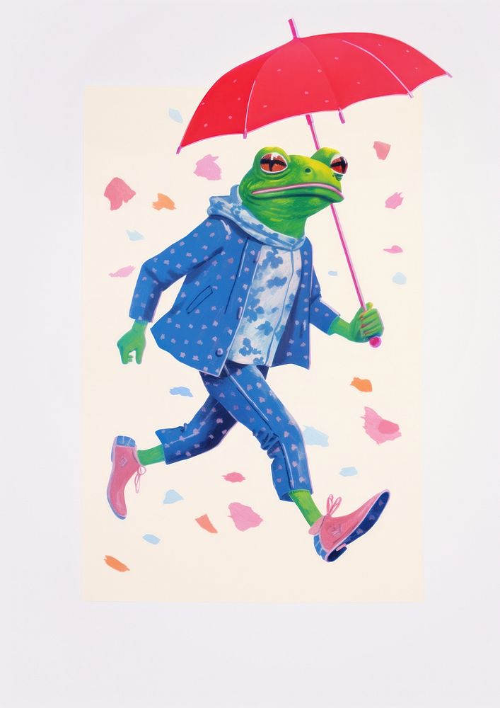 A cartoon Frog holding a red umbrella paper frog representation. AI generated Image by rawpixel.