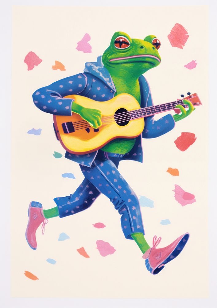 A cartoon Frog playing a mini guitar paper frog representation. AI generated Image by rawpixel.