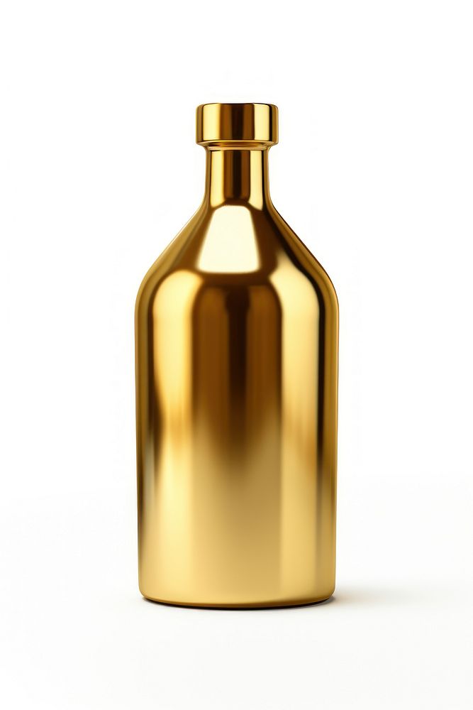 Bottle shiny gold white background.