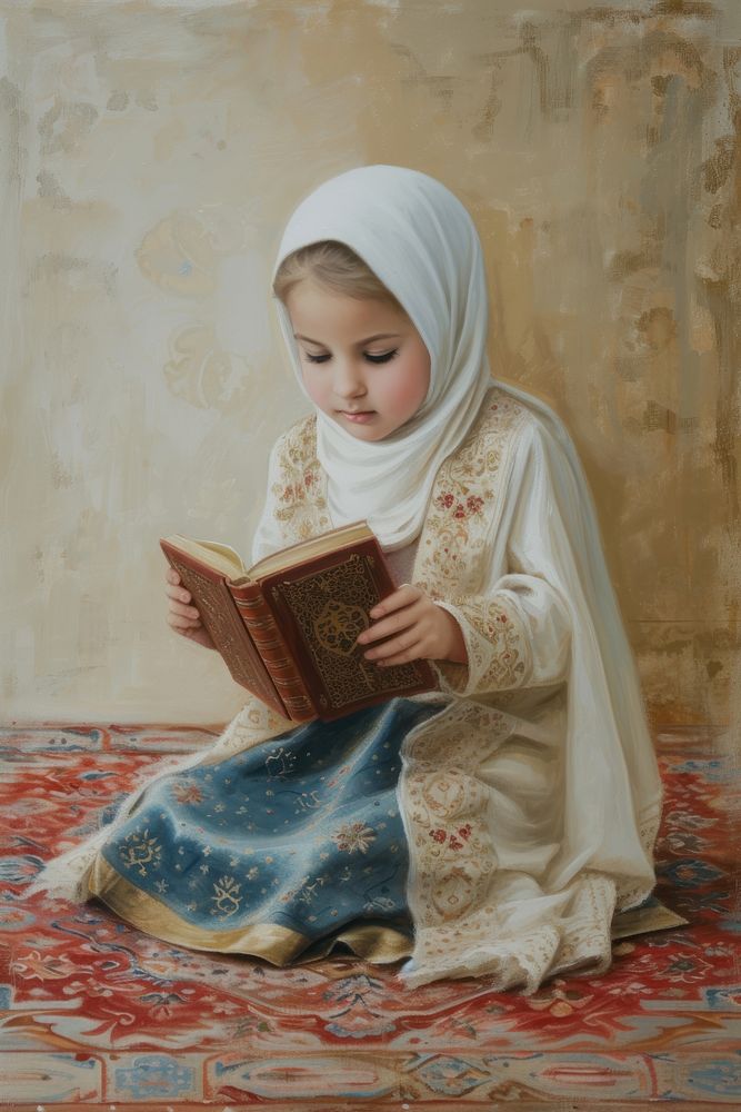 An Islamic child reading a Quran book painting spirituality portrait.