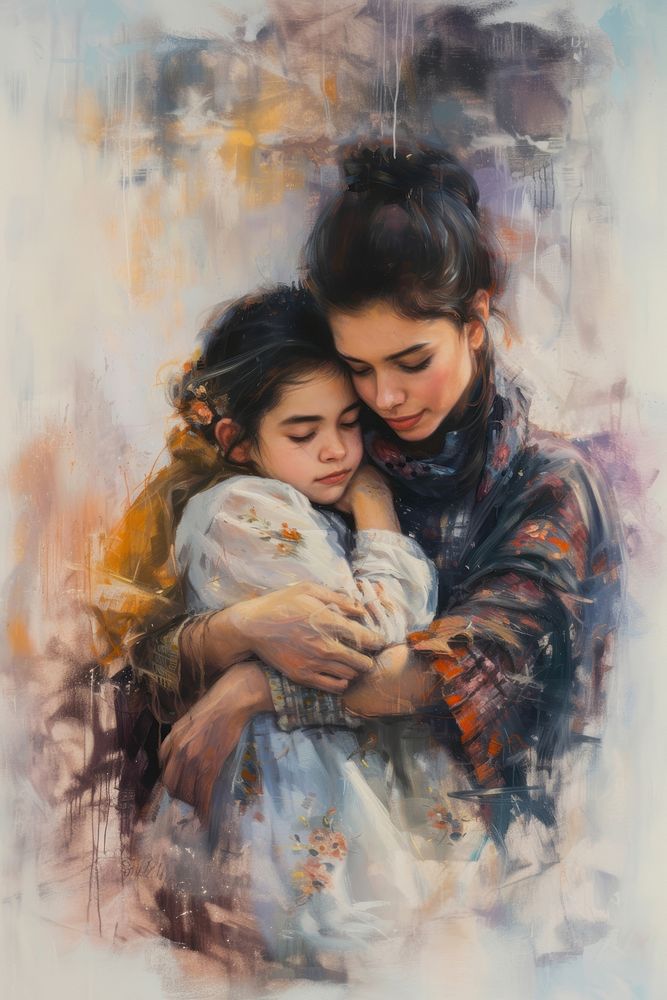 Mother painting portrait hugging.