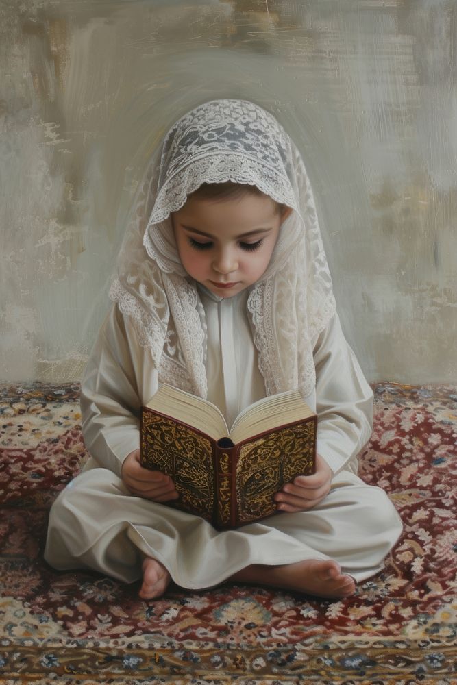 An Islamic child reading a Quran book spirituality publication painting.