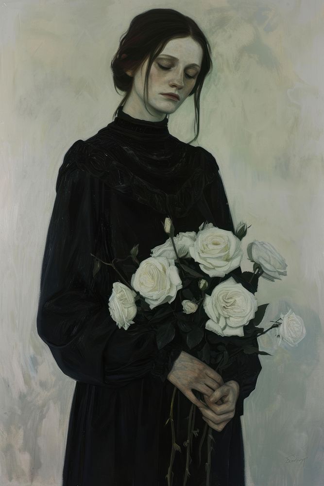 Woman holding a white rose bouquet painting portrait standing.