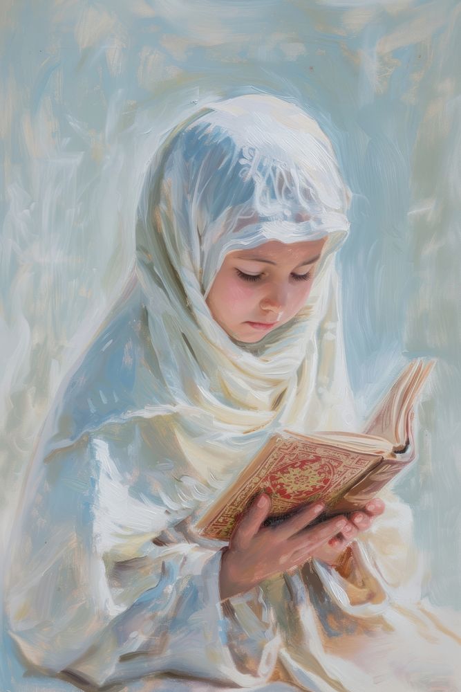 An Islamic child reading a Quran book painting spirituality adult.