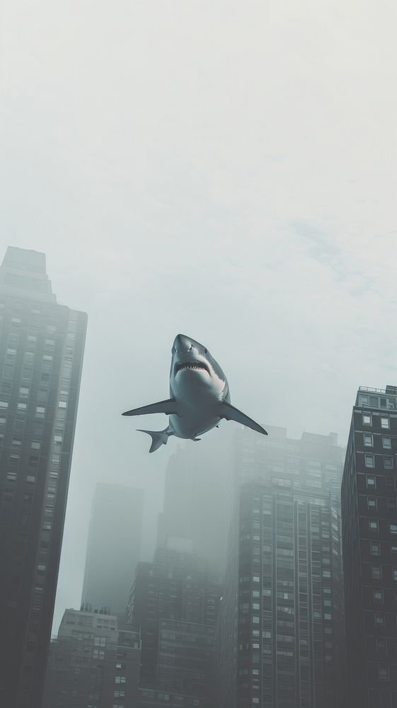  A giant shark in the air among the city architecture aircraft outdoors. AI generated Image by rawpixel.