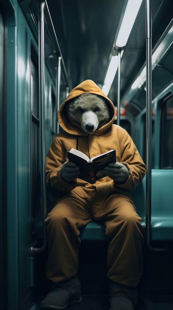  A man in bear cosplay reading a book in the train sitting adult representation. 