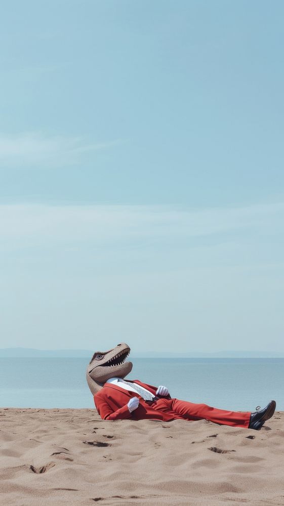  A man in dinosaur cosplay lying on the beach sunbathing outdoors horizon. AI generated Image by rawpixel.