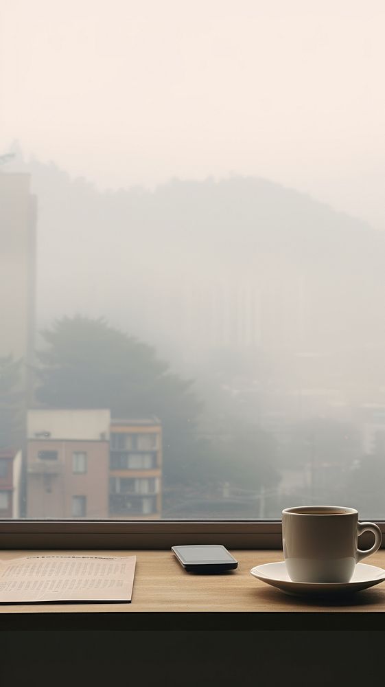  Coffee cup and laptop on the desk nest to the window nature mug fog. AI generated Image by rawpixel.
