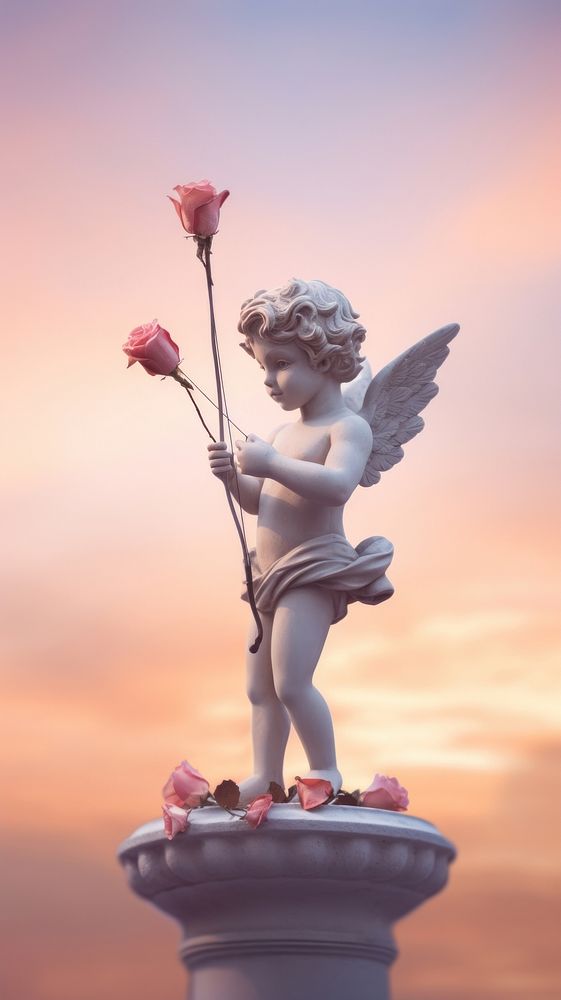  Cupid boy statue flower angel plant. AI generated Image by rawpixel.