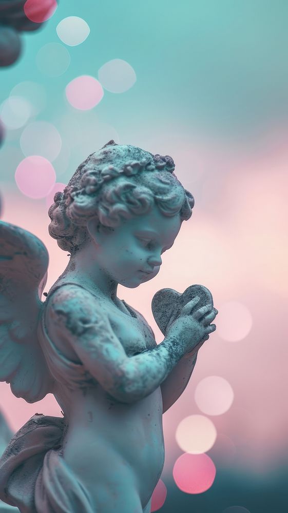  Cupid boy statue against a pastel sky art representation spirituality. AI generated Image by rawpixel.