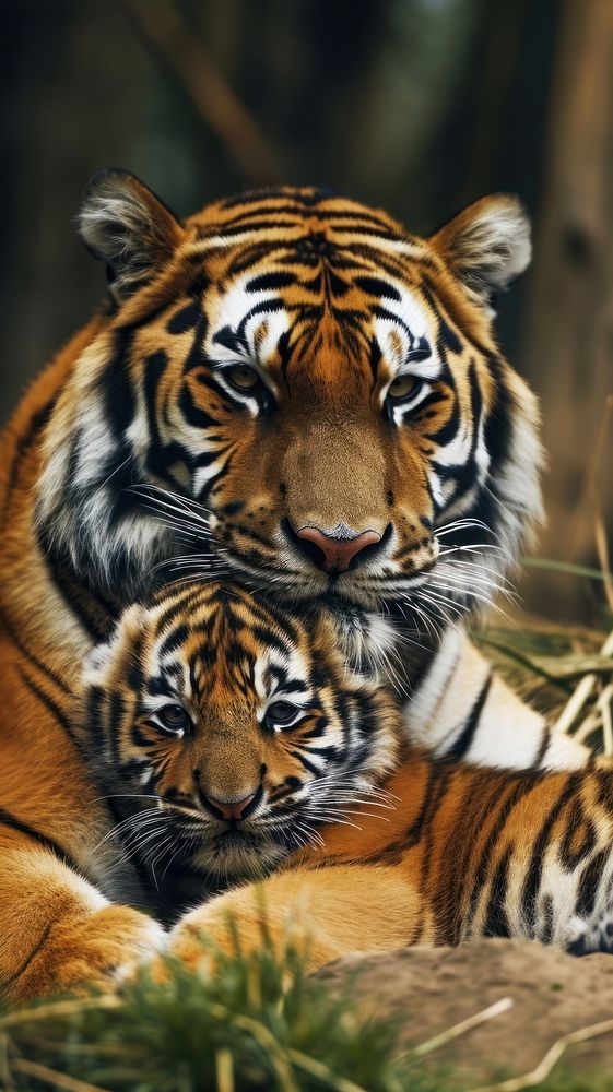 Tiger mother and tiger cub wildlife animal mammal.