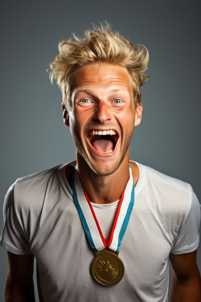 Happy runner wearing medal adult achievement accessories. AI generated Image by rawpixel.