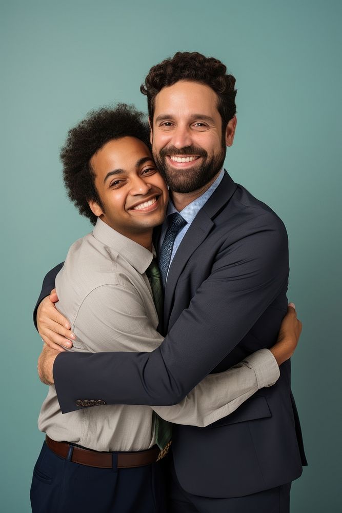 Two co-worker hugging portrait smile adult. AI generated Image by rawpixel.