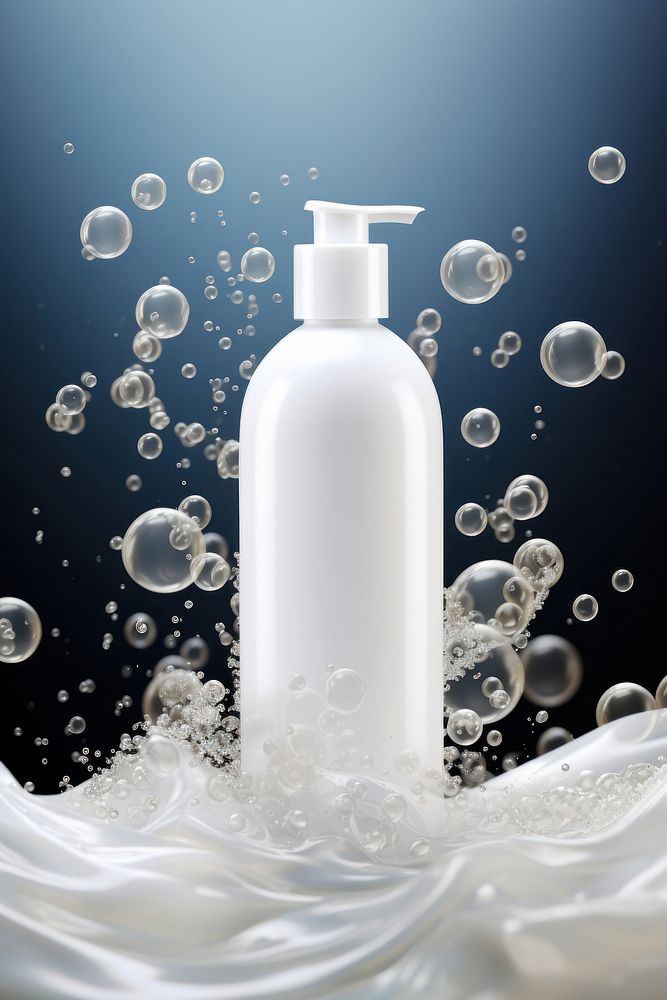 Mock up bottle of shampoo bubble container splashing.