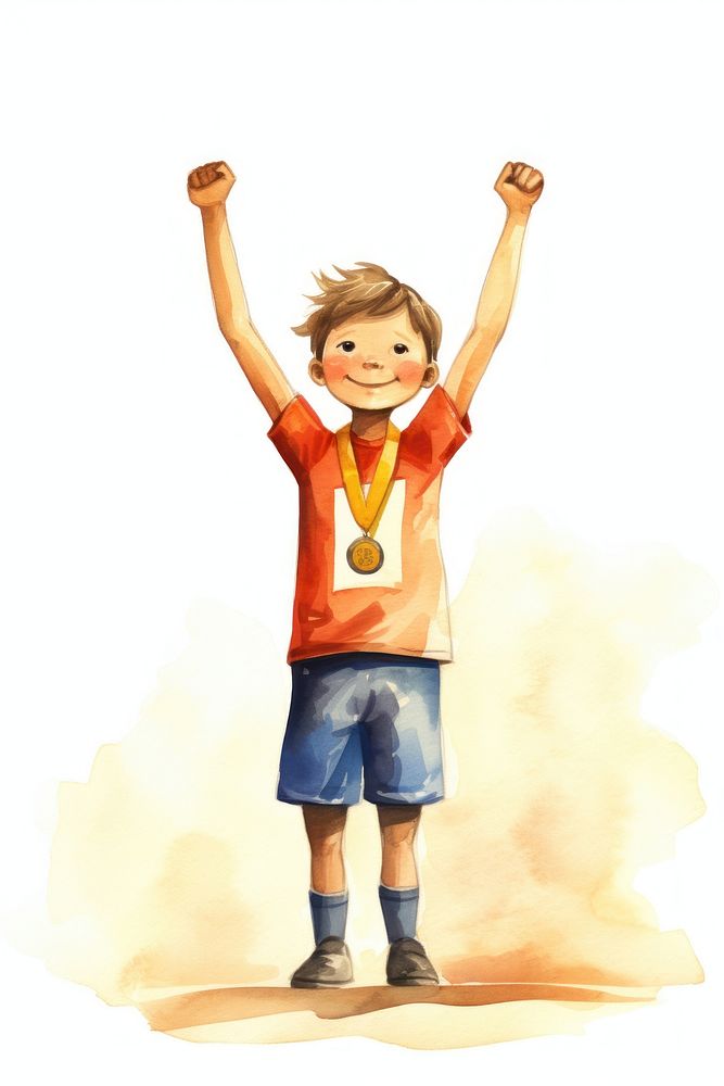 Kid runner with medal around neck shorts representation arms raised. AI generated Image by rawpixel.