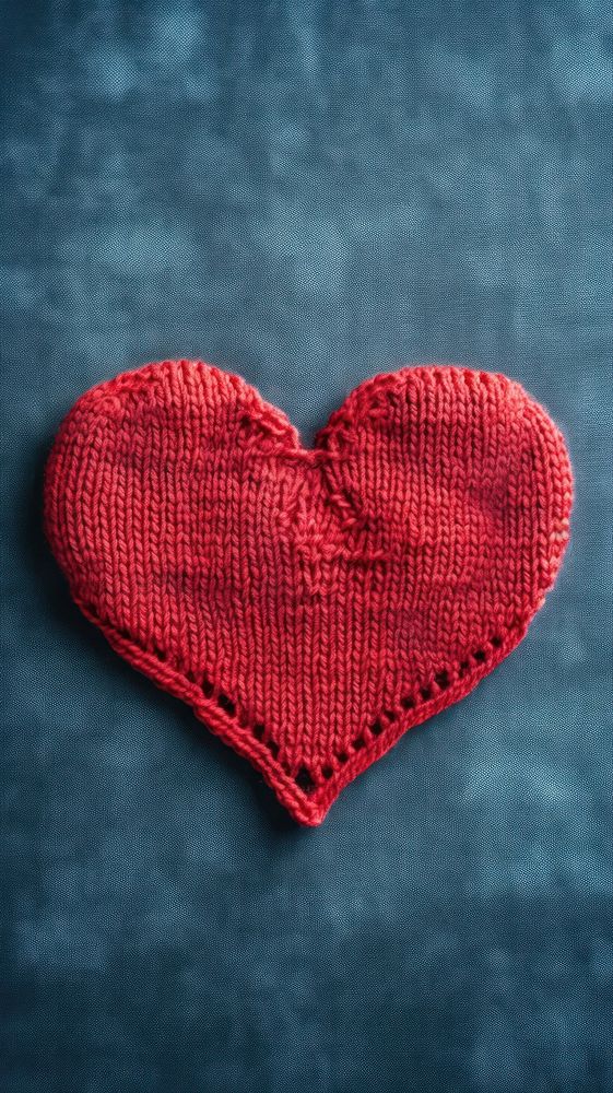  Red knit heart on denim fabric texture material clothing knitwear. AI generated Image by rawpixel.