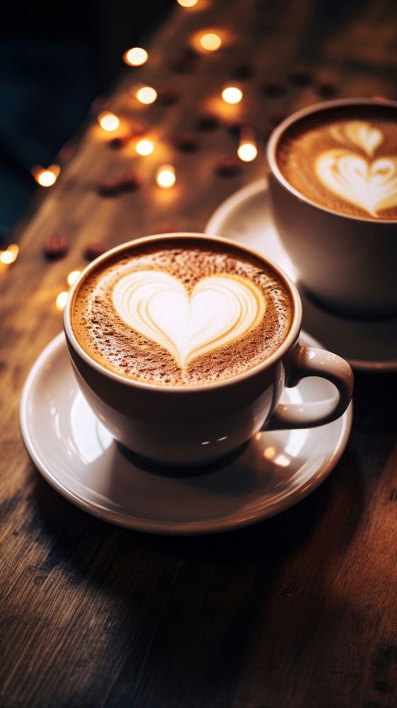  Two coffee cups placed close together with latte art hearts lighting drink love. AI generated Image by rawpixel.