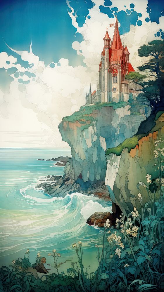An art nouveau drawing of a coastal cliff architecture building outdoors.