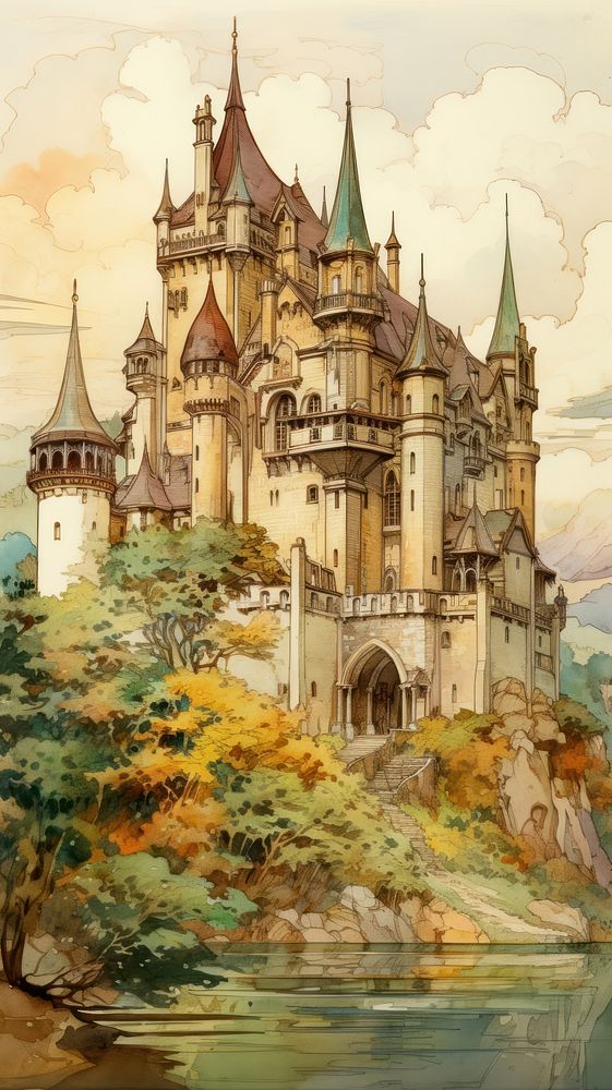 An art nouveau drawing of a castle architecture building painting.