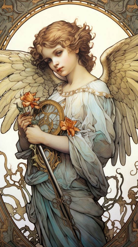 An art nouveau drawing of a cupid angel fairy adult.