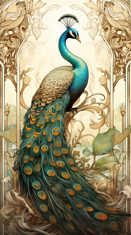 An art nouveau drawing of a peacock animal bird creativity.