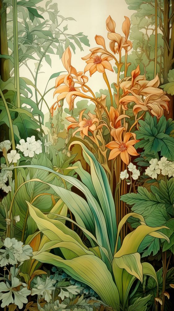 An art nouveau drawing of a plant background outdoors painting nature.