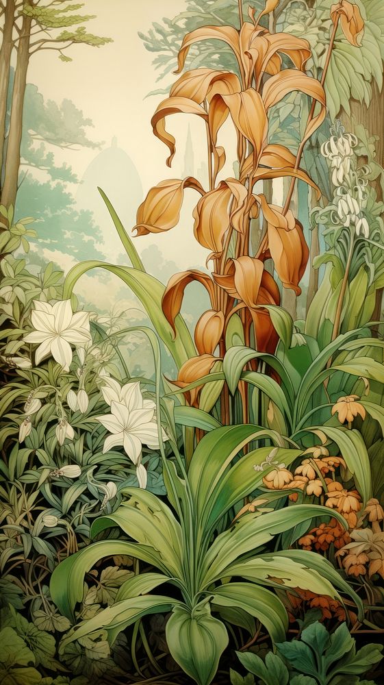 An art nouveau drawing of a plant background outdoors painting nature.