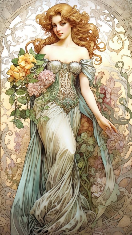 An art nouveau drawing of a women pose painting fairy dress.