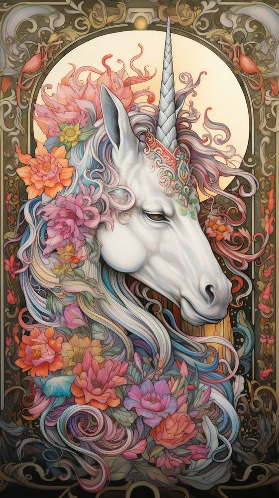 An art nouveau drawing of a unicorn painting sketch representation.