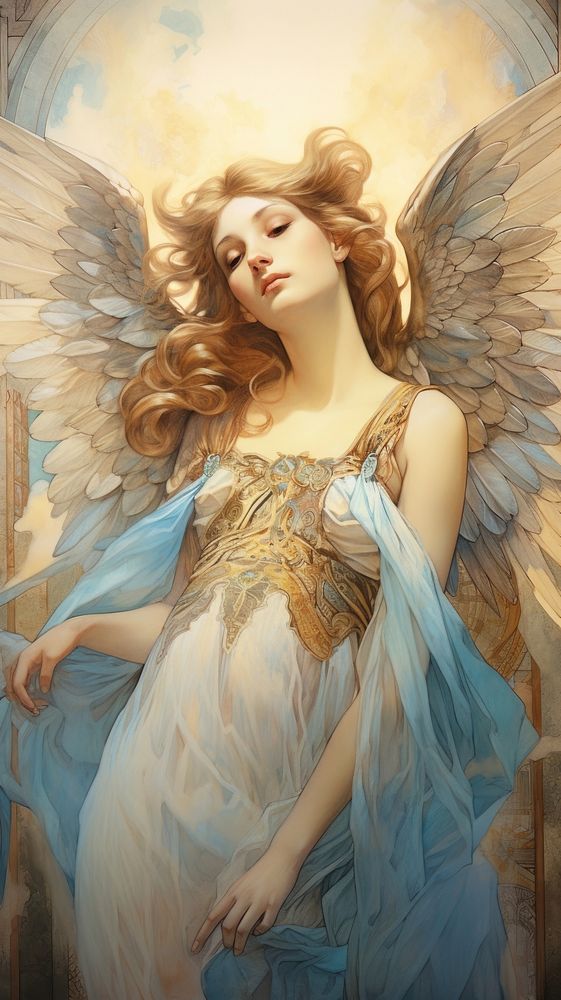 An art nouveau drawing of an angel painting fairy adult.