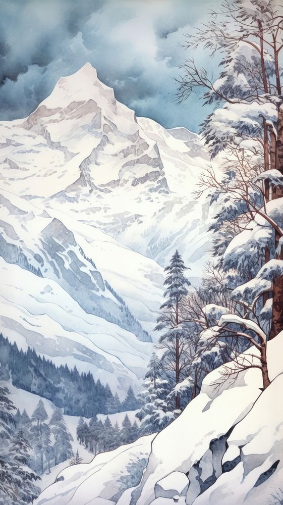 An art nouveau drawing of snowing mountain outdoors winter nature.