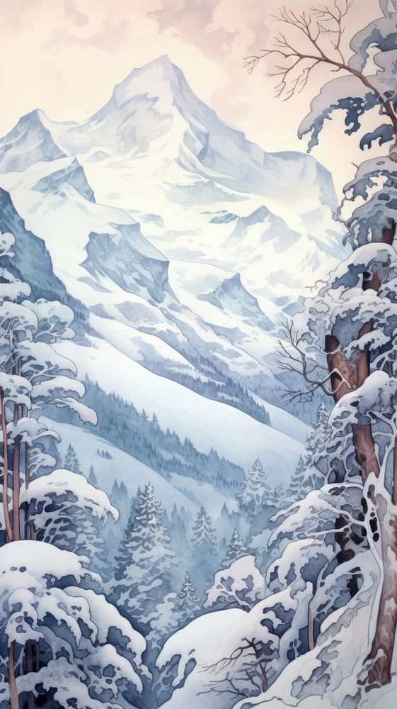 An art nouveau drawing of snowing mountain landscape outdoors painting.