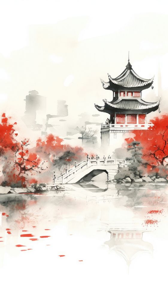 Tall chinese palace architecture building painting.