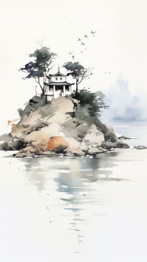 House on an island architecture outdoors painting.