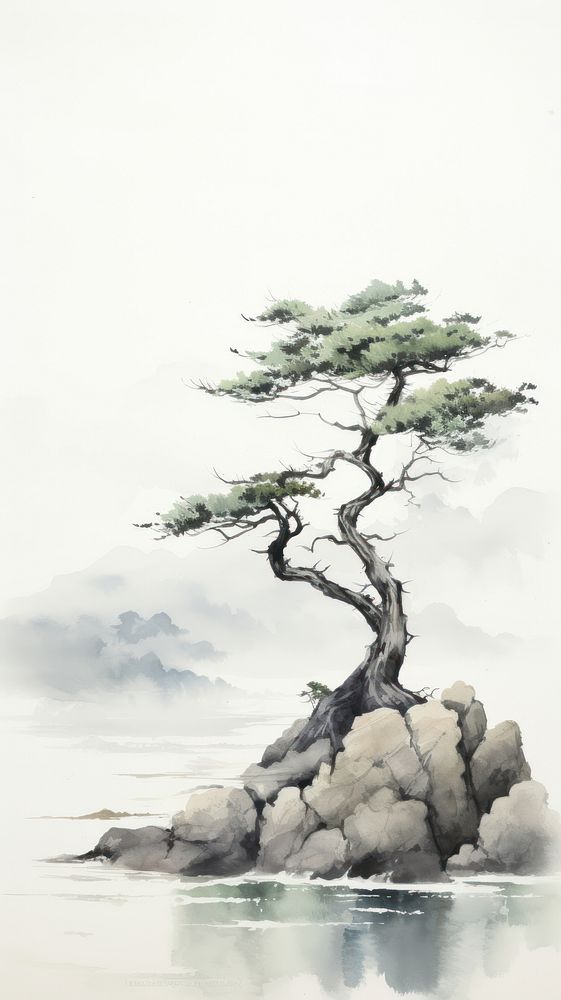 Pine tree on a coastal cliff outdoors painting drawing.