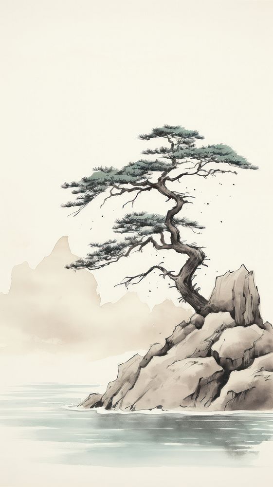 Pine tree on a coastal cliff painting drawing sketch.