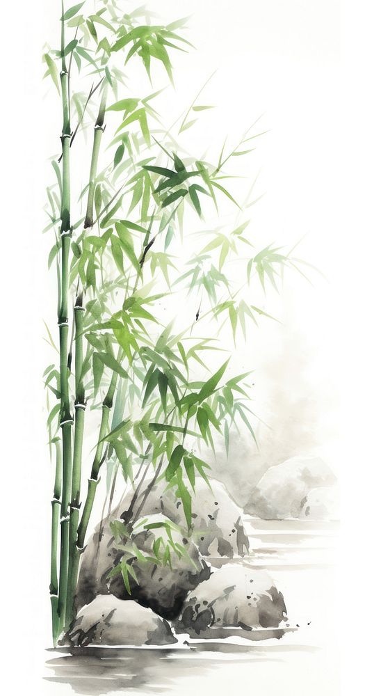 Rocky waterfall bamboo forest plant tranquility cannabis.