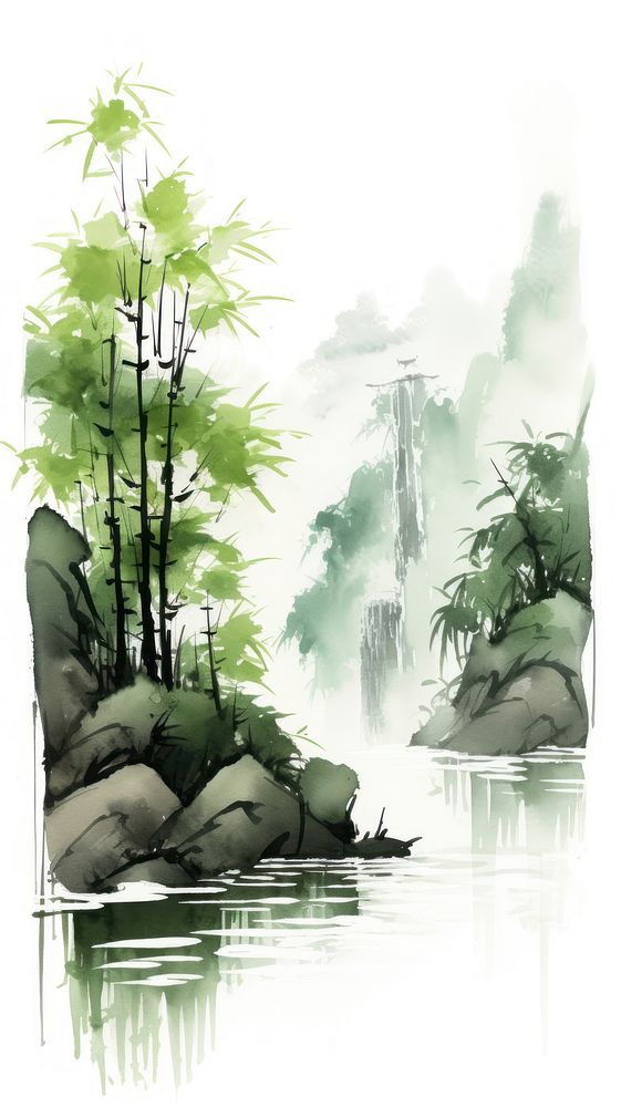 Rocky waterfall bamboo forest outdoors nature plant.
