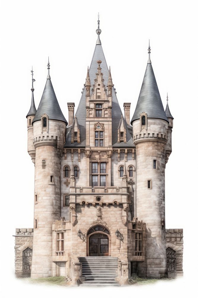 Architecture photo of german castle building tower white background.