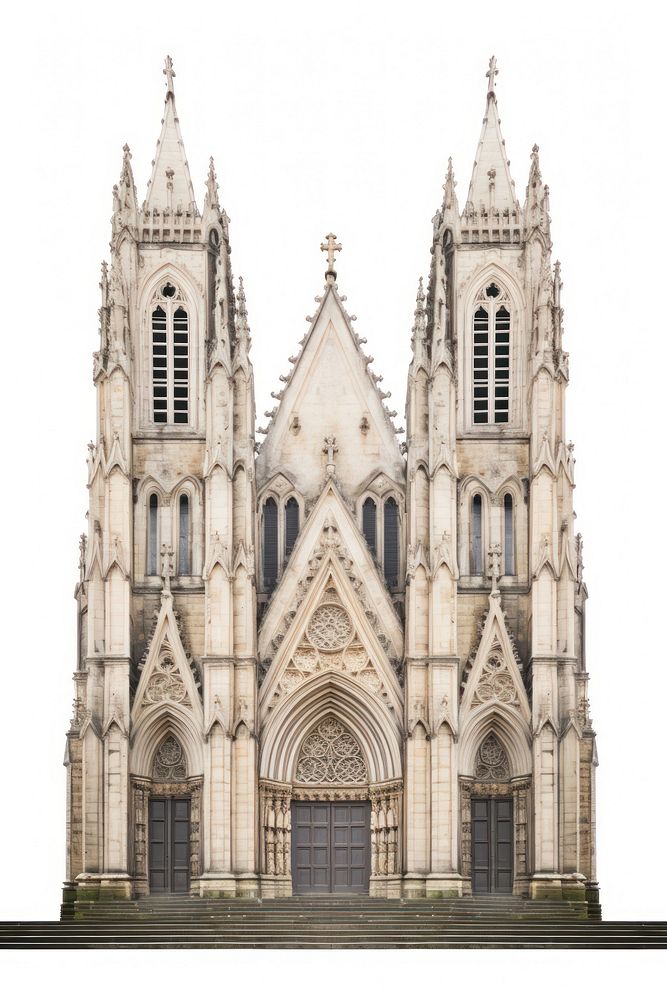 Architecture photo of stone cathedral building white background spirituality.