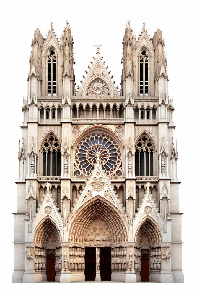 Architecture photo of stone cathedral building tower white background.