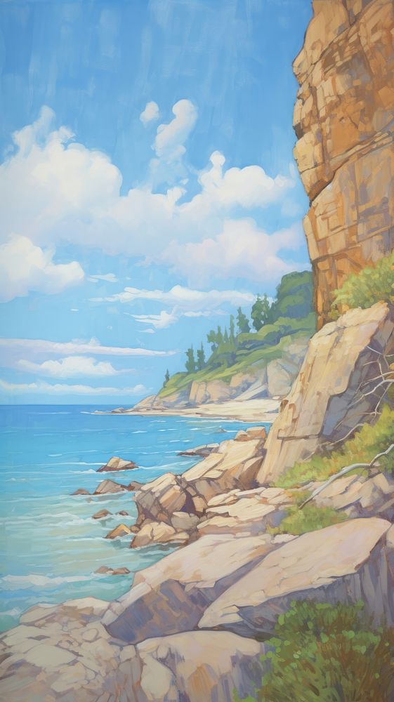 Landscape painting cliff beach.