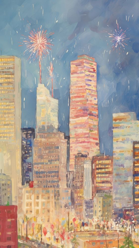 Fireworks painting city architecture.